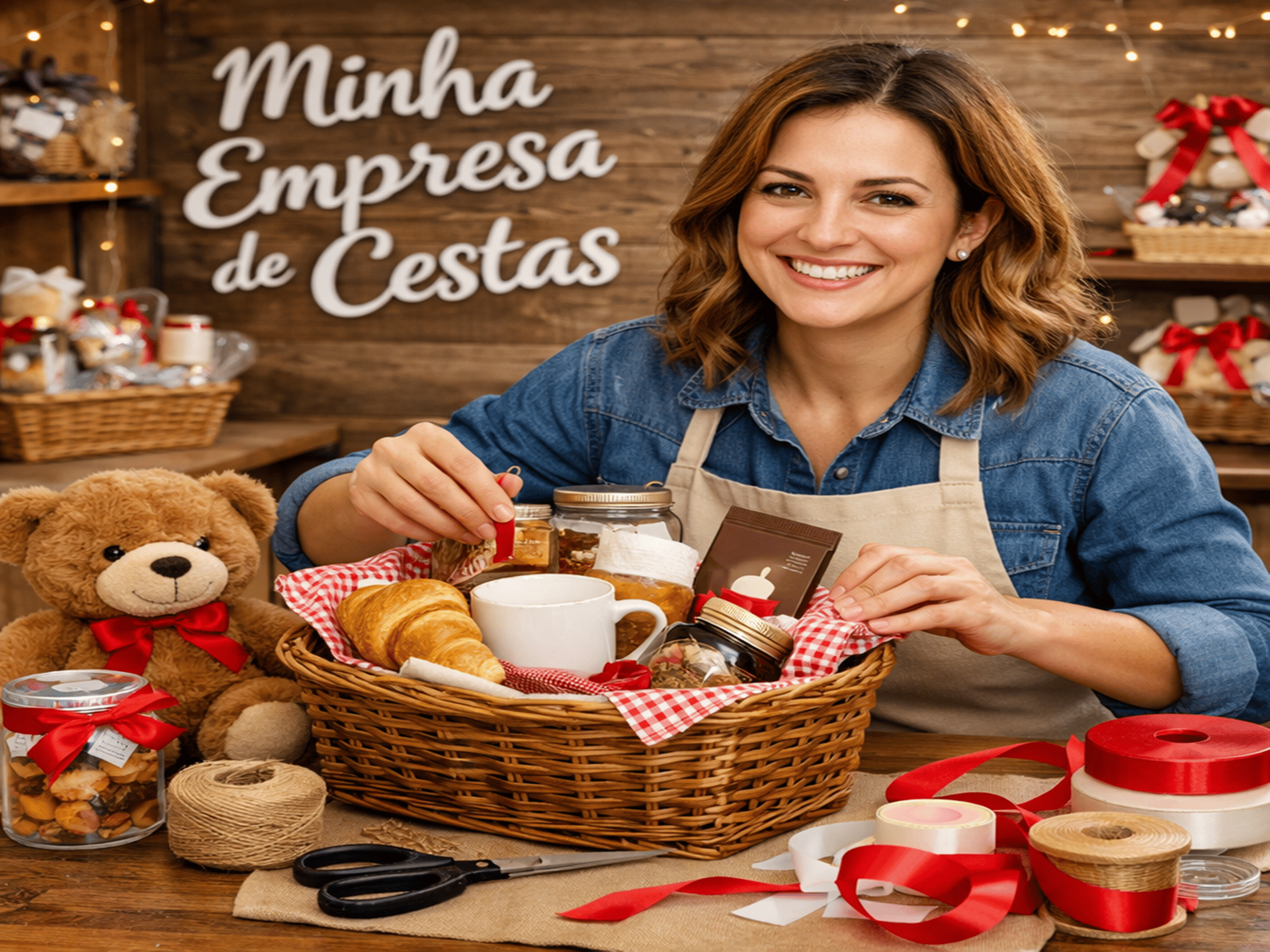 Empreendedora montando cestas e presentes